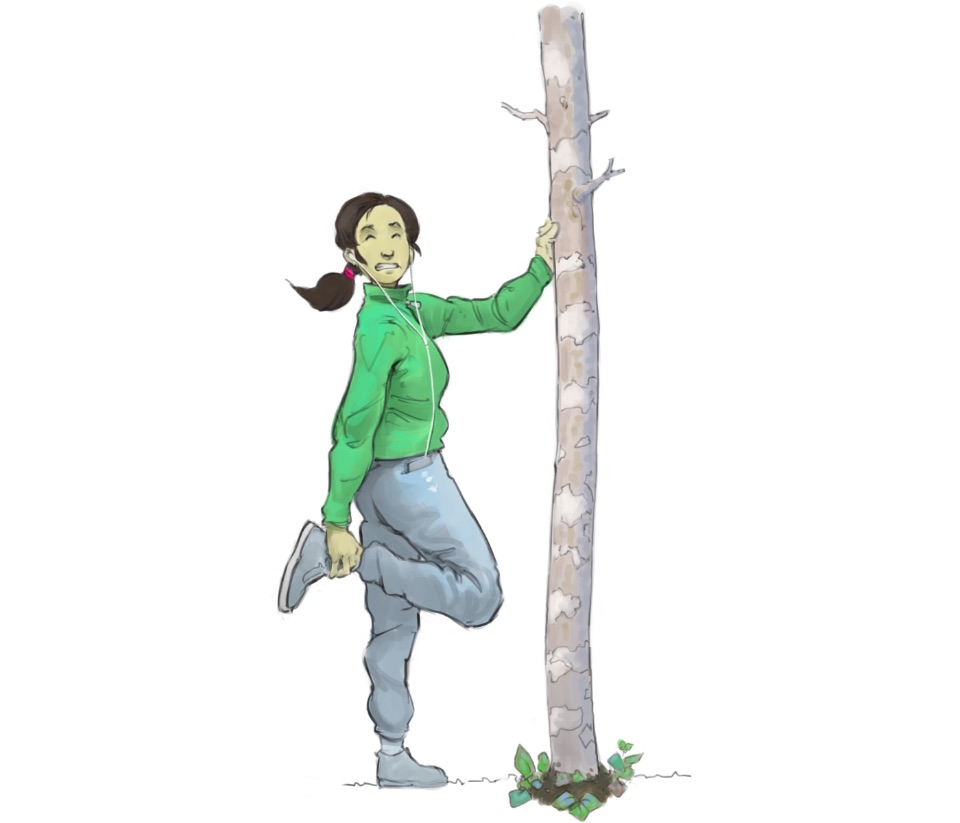 Illustration: Frau Braun lehnt in Laufkleidung an einem Baum und hat offenbar Schmerzen im Sprunggelenk.