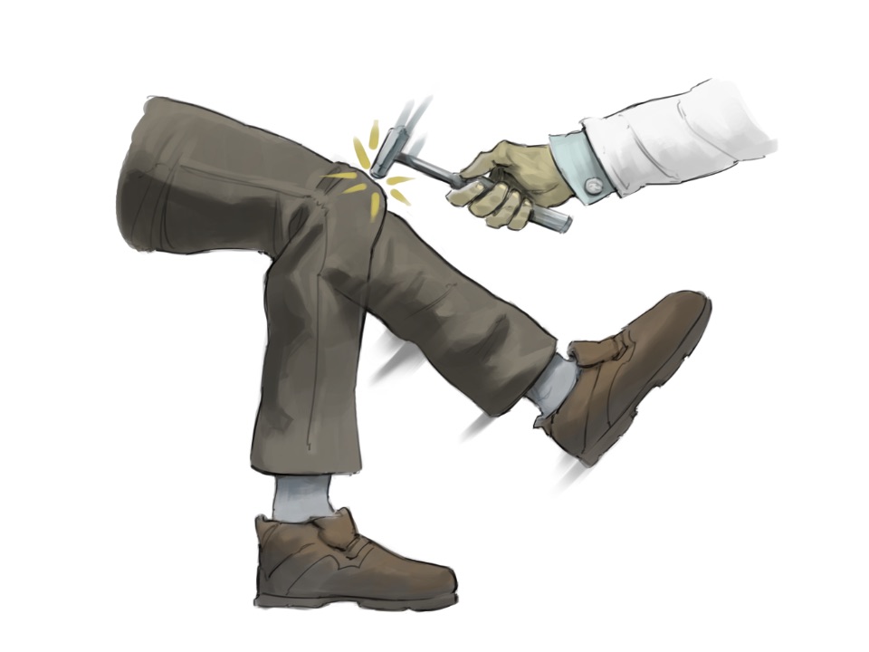 Illustration vom Kniesehnenreflex. Ein Arzt klopft mit einem Reflexhammer auf die Kniesehne, woraufhin das Bein unwillkürlich ausschlägt.