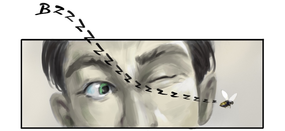 Illustration vom Lidschlussreflex. Eine Fliege kommt dem Auge eines Mannes nahe, welches sich daraufhin aus Reflex schließt.