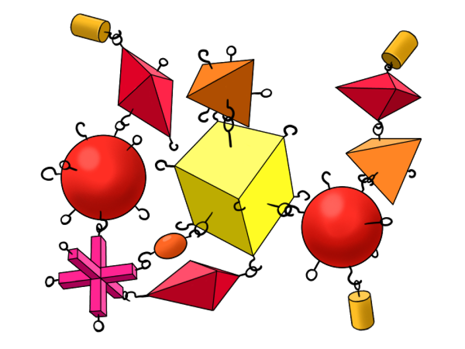 Vorstellung von Atomen und Verbindungen nach Demokrit, 400 vor Christi. Verschiedene geometrische Formen, Würfel, Pyramiden und Kugeln hängen mit Metallhaken aneinander und schweben im Raum herum.