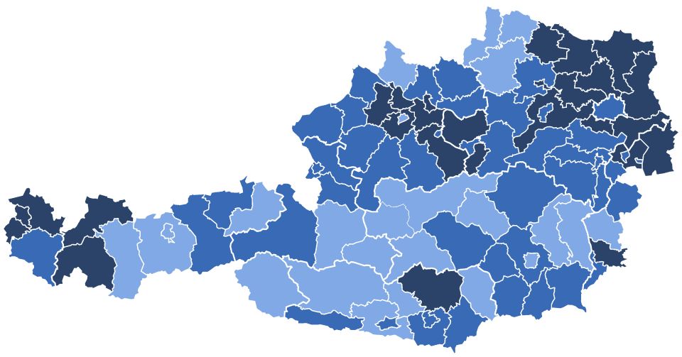 Karte auf der in 3 verschiedenen Böautönen die Härtegrade der oberflächennahen Grundwässer in Österreich eingezeichnet ist.