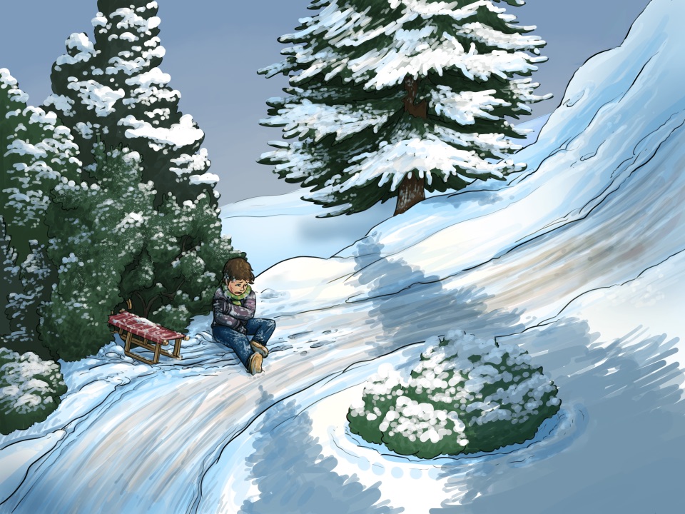 Illustration: Ein Kind sitzt neben der Rodel im Schnee.