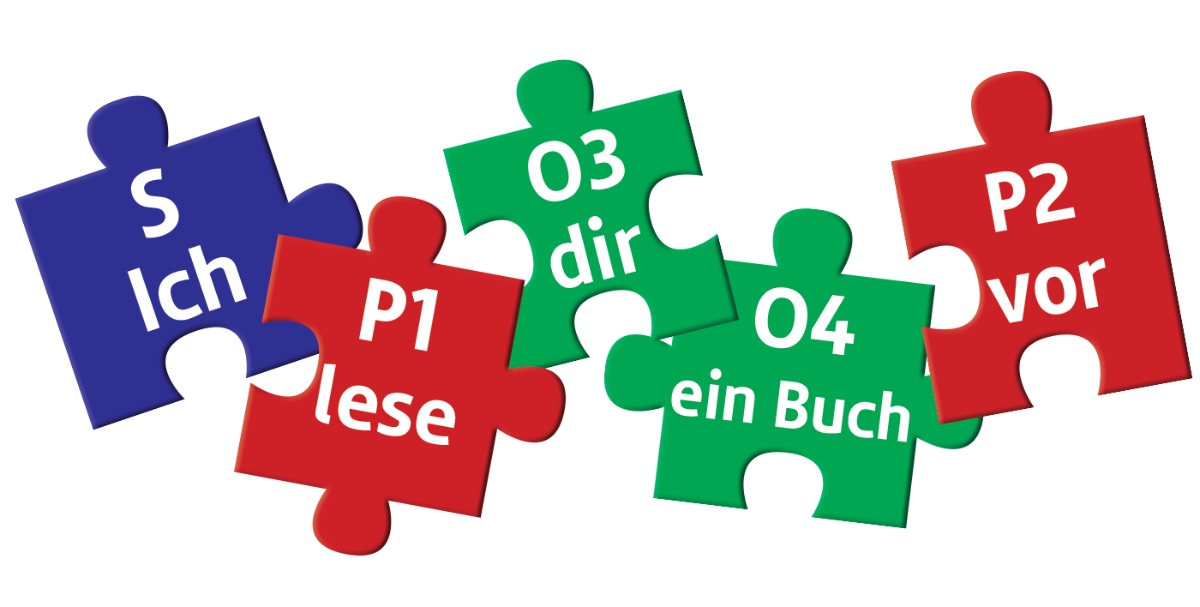 Grafische Darstellung: Vier Puzzleteile mit den Abkürzungen von Satzgliedern S P O UE