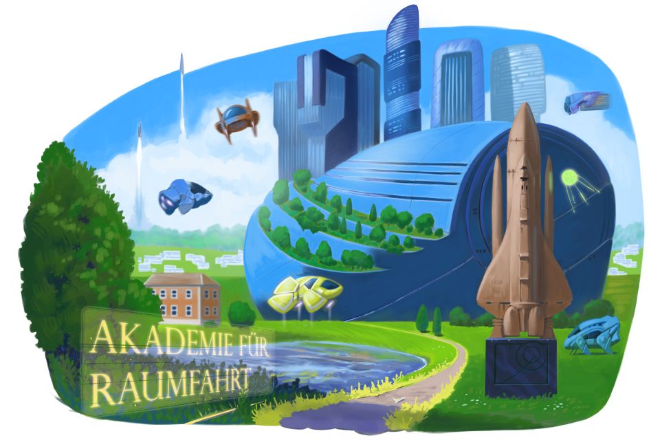 Farbige Illustration der fiktiven Akademie für Raumfahrt, es führt ein Weg zum futuristischen Schulgebäude, rechts eine Statue eines Rakete, im Hintergund startende Raumschiffe.