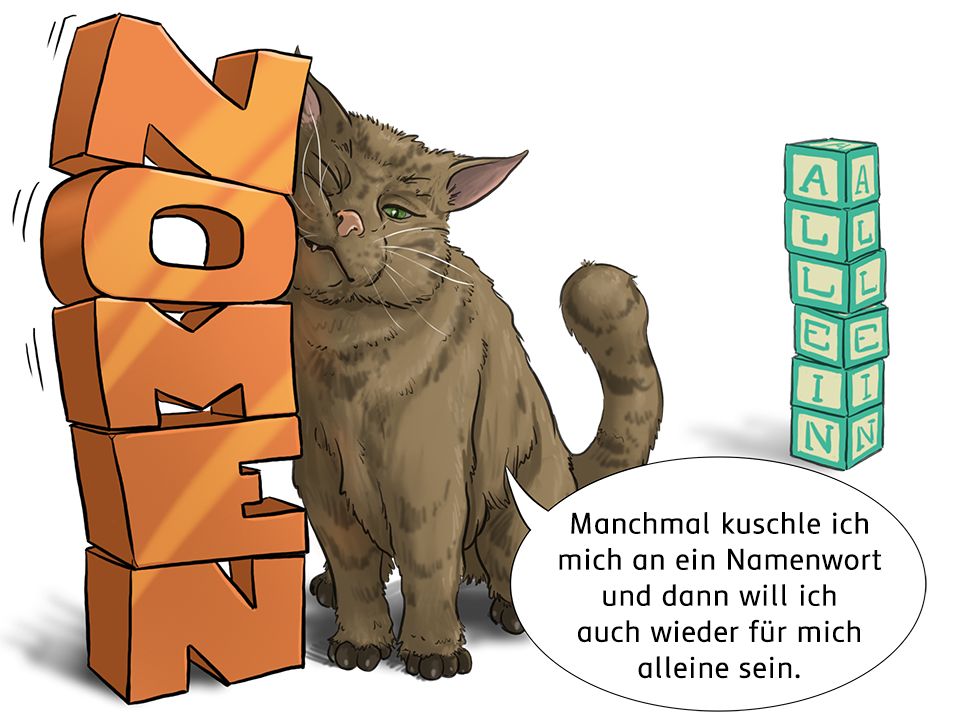 Farbige Illustration: graue Katze reibt sich an orange Buchstabenreihe NOMEN und spicht durch eine weiße Sprechblase, grüne Buchstabenwürfel sind gestapelt und zeigen das Wort ALLEIN.