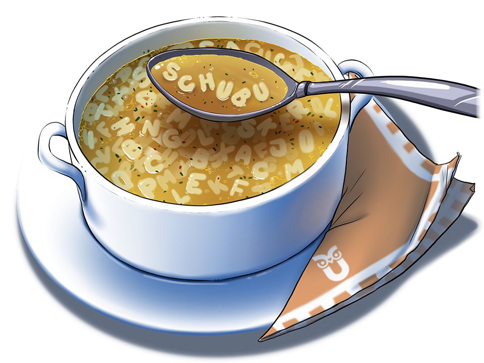 Farbige Illustration: Buchstabensuppe in Schüssel  auf Teller, Buchstaben auf Löffel ergeben das Wort SCHUBU