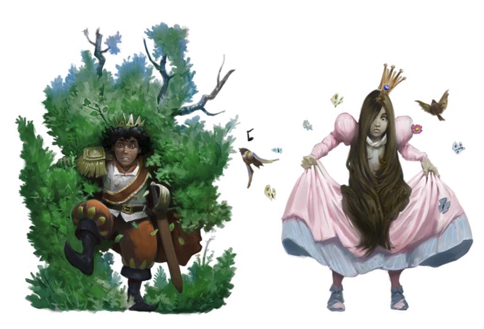 Zwei einzelne Illustrationen. Eine zeigt einen jungen zerzausten Prinzen der aus einem Gebüsch rennt. Eine zeigt eine lässig dreinschauende Prinzessin mit langem, braunem Haar die ihr rosa Kleid hebt und von Vögeln und Schmetterlingen umkreist wird.