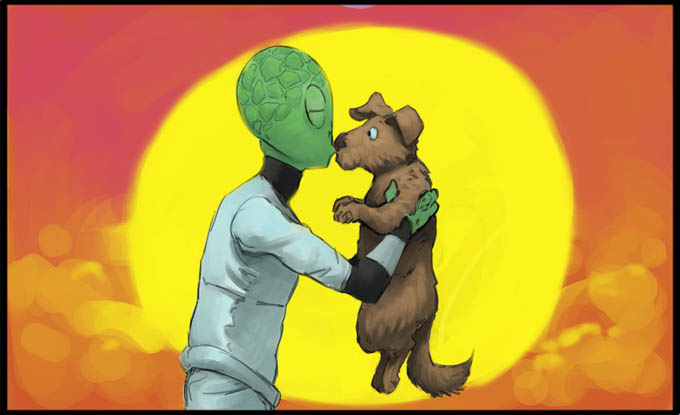 Comicbild - ein Alien küsst einen Hund