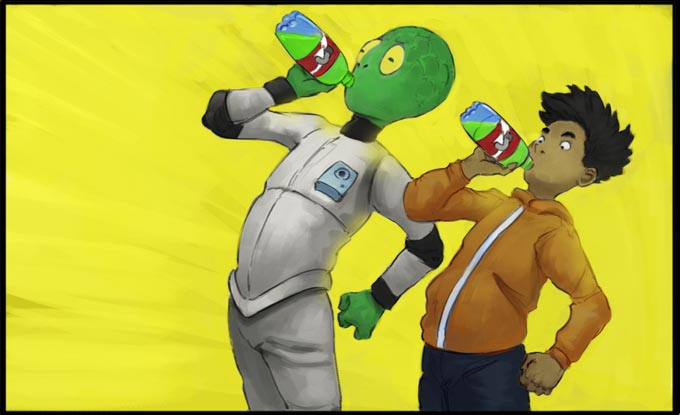 Comicbild - ein Alien und ein Junge trinken beide aus der Flasche