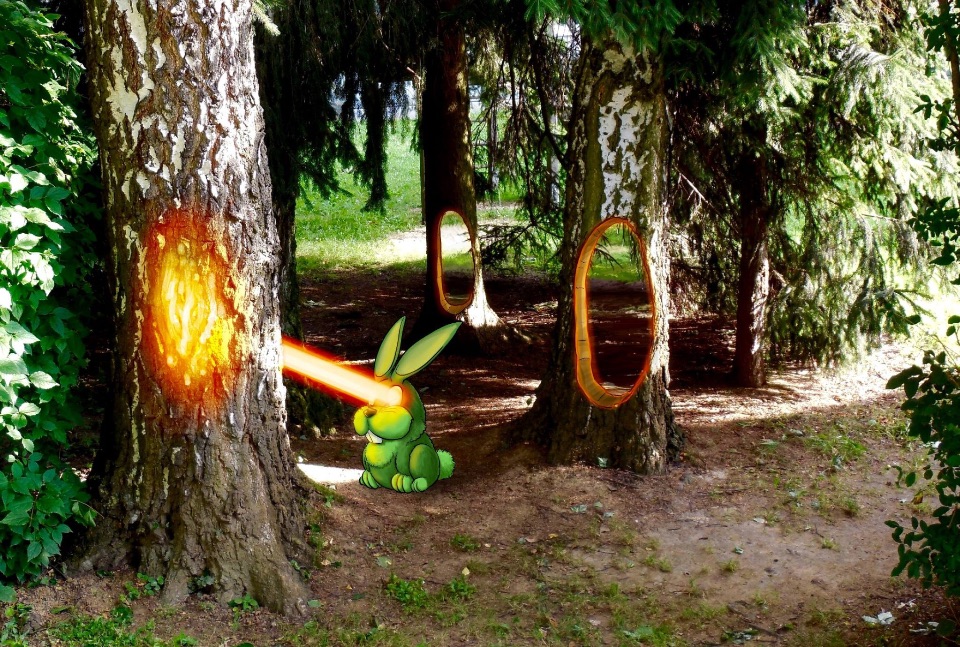 Ein grünes Kaninchen, das mit seinen Laseraugen Löcher in Bäume brennt.