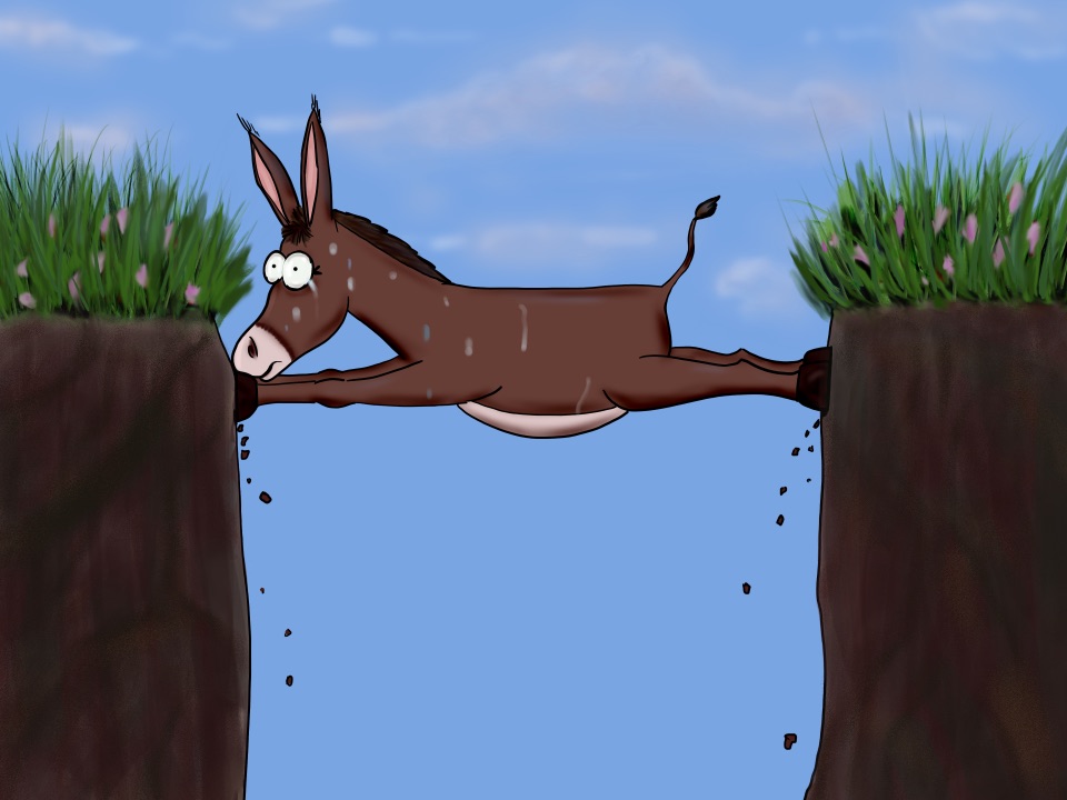 Zu sehen ist ein Esel, der mit seinem Körper eine Brücke über einen Abgrund bildet.