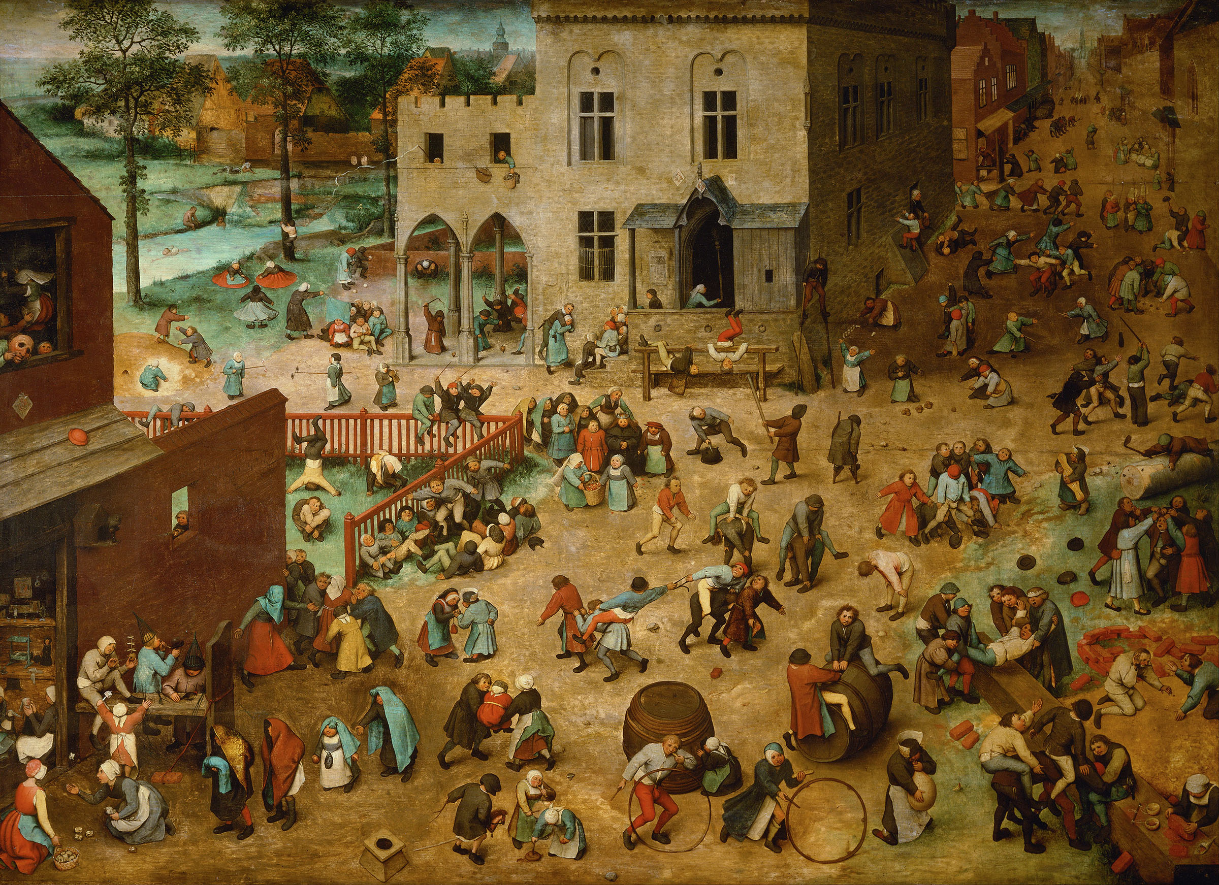 Auf dem Gemälde sieht man einen großen Platz, auf dem überwiegend Kinder beim Spielen verschiedenster Spiele dargestellt sind. Aufgrund der hohen Anzahl der Figuren und kleinen Szenen kann man auch von einem Wimmelbild sprechen.