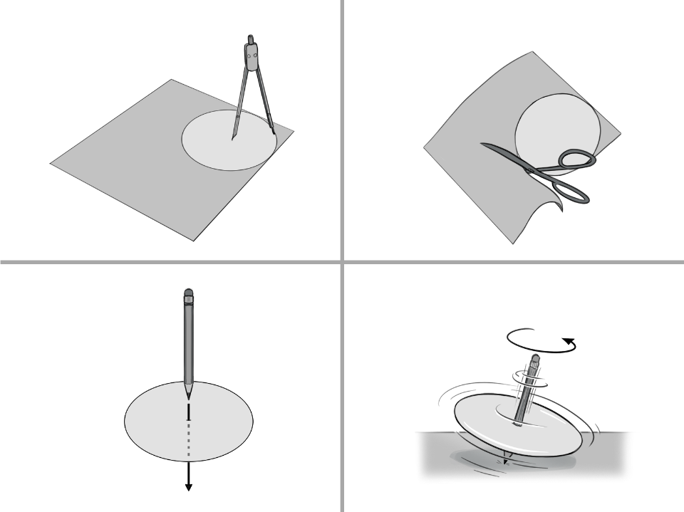 In vier Schritten wird beschrieben, wie ein Kreisel gebastelt werden kann.