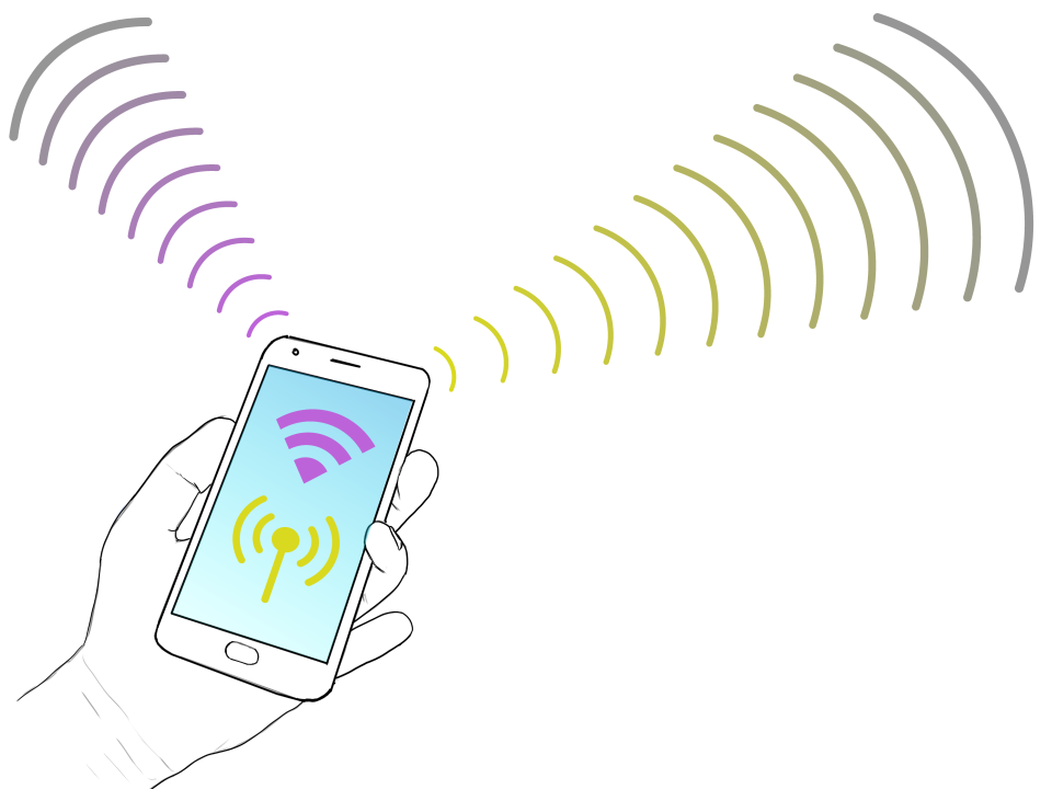 llustration eines Mobilfunkgeräts und auf dem Handybildschirm ein WLAN-Symbol als auch ein Funksymbol.