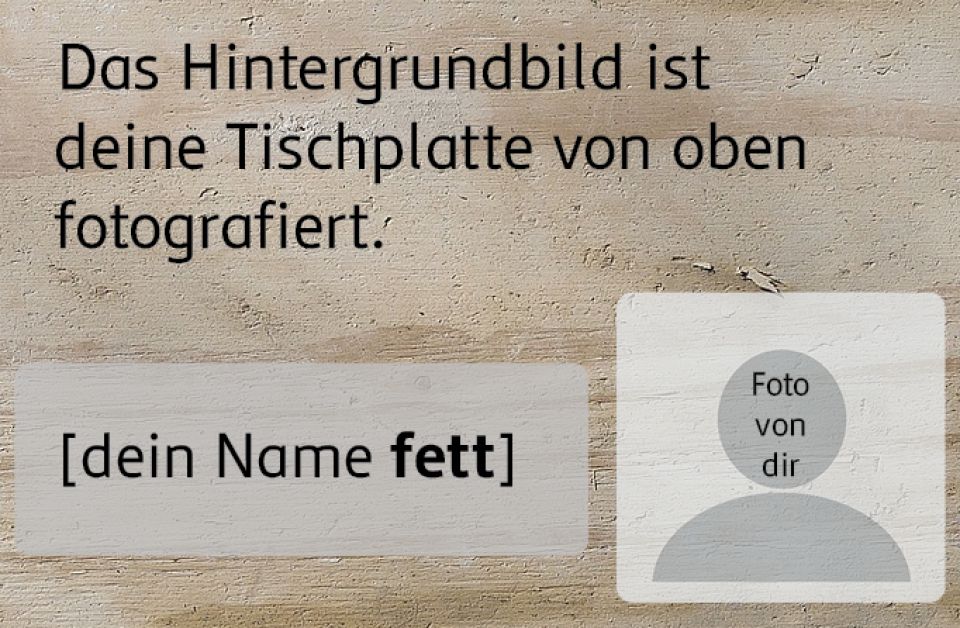 Bild von einem Schema, das eine Präsentationsfolie beschreibt. Im Hintergrund soll ein Foto der Tischplatte an dem du gerade sitzt sein. Von oben fotographiert. Rechts unten ein Selbstportrait und fett dein Name, wo er gut hinpasst.