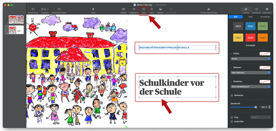 Screenshot von Keynote. Man sieht zwei Textfelder hervorgehoben.