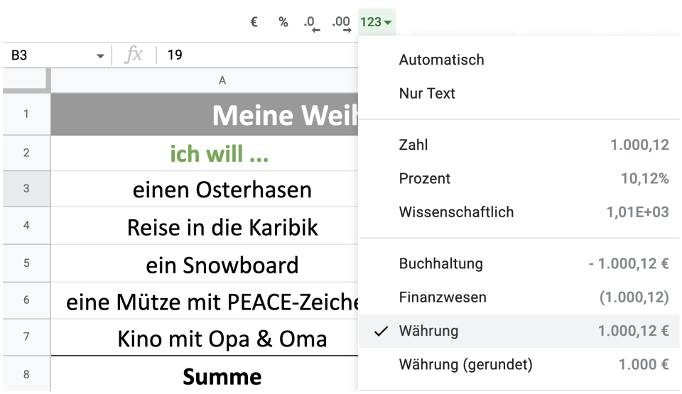 Spalte B hat die Formatierung Währung.