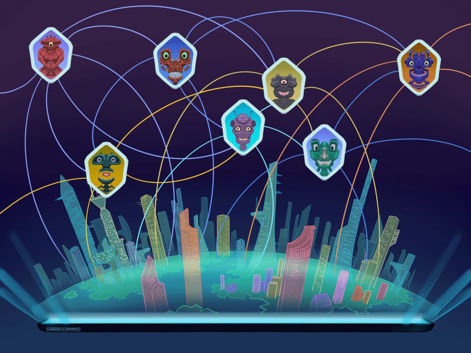 Illustration einer digitalen Stadt, in der Roboter Avatare durch soziale Medien miteinander vernetzt sind.