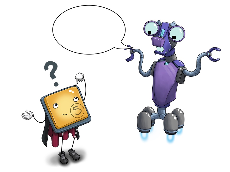Roboter schaut auf den Schalter und fragt in der Sprechblase „Bist du eingeschaltet?“