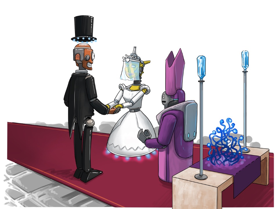 Man sieht, wie die Roboter heiraten.