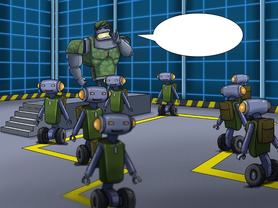Kommandanten-Roboter gibt vor seinen Roboter-Untergebenen den Befehl patrouilliere