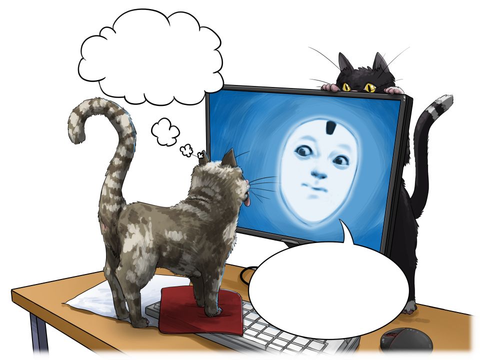Illustration von Katzen die mit einer KI interagieren.