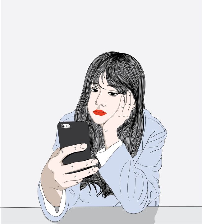 Illustration einer traurig ins Handy schauenden Frau.