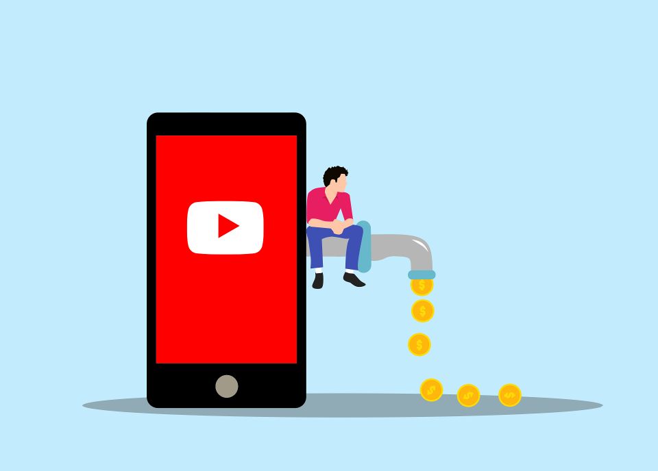 Illustration von einem Handy mit Youtube-Logo, aus dem ein Wasserhahn mit Dollarmünzen rauskommt.