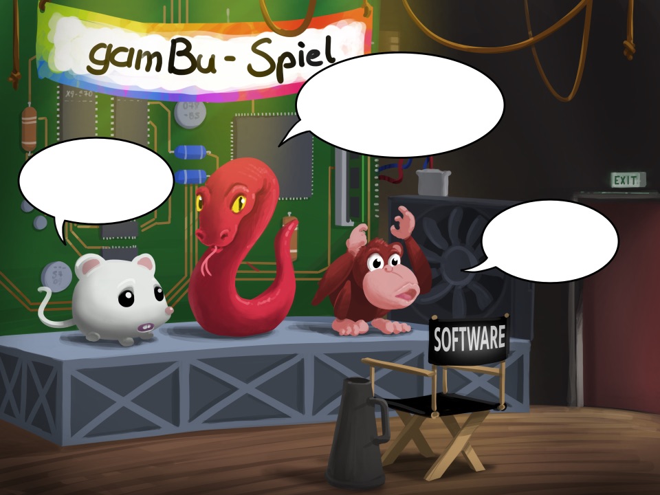 Lustige Illustration der GamBu-Spielfiguren, die auf die Anweisungen der Software warten.