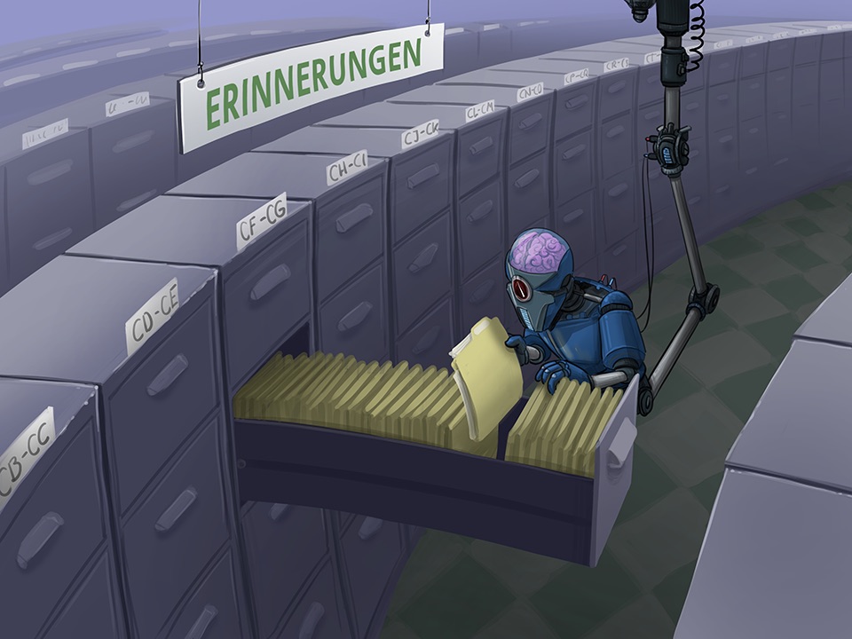 Farbige Illustration Ein Roboter durchsucht Aktenschränke