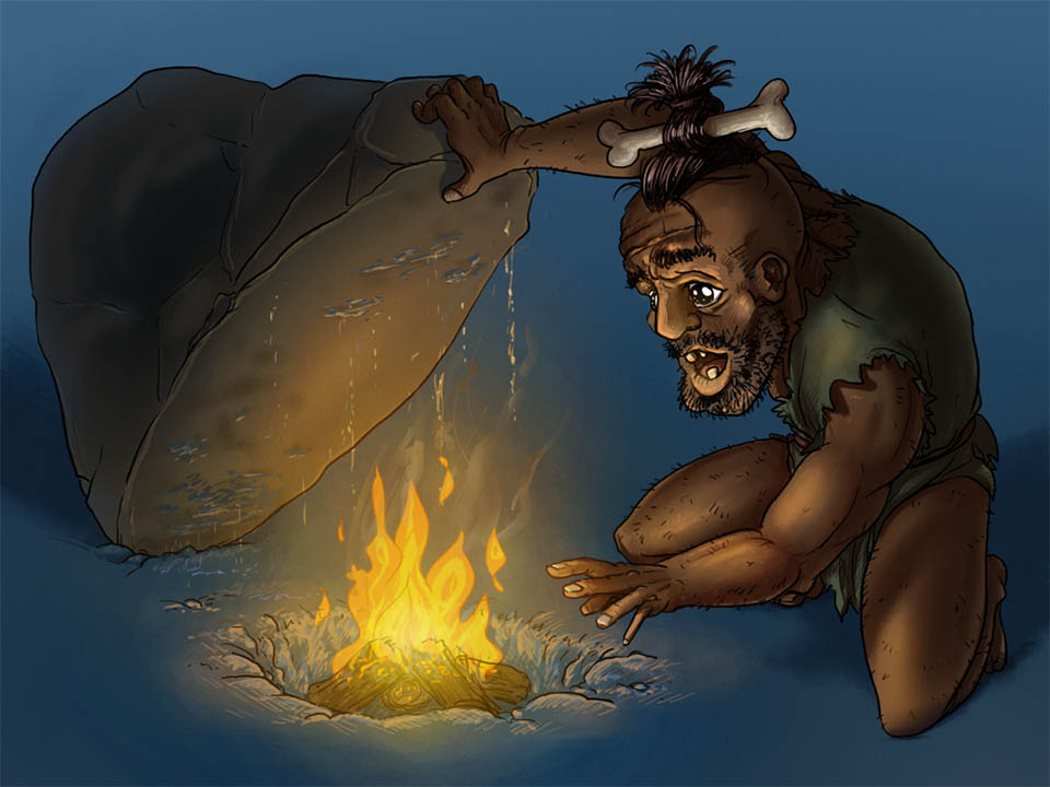 Karikaturistische Illustration eines Steinzeitmenschen mit Knochen im Haar, der einen Felsbrocken hebt und voller Überraschung ein brennendes Lagerfeuer darunter entdeckt.