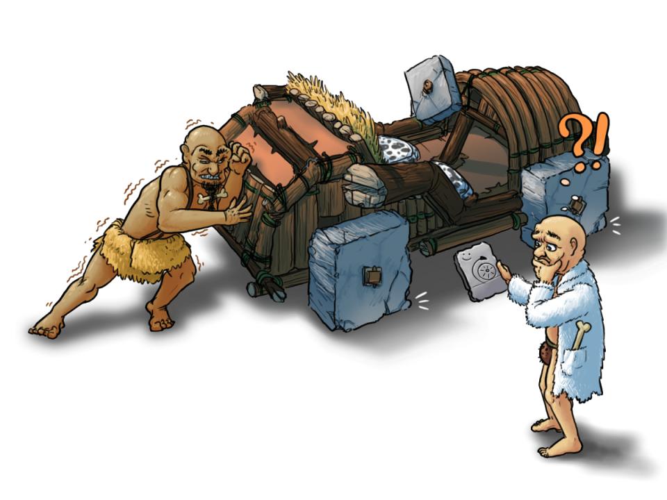 Eine witzige Comic-Zeichnung eines urzeitlichen Autos mit eckigen Rädern. Die Steinzeit-Menschen in Steinzeit-Laborkitteln wundern sich, warum es nicht funktioniert.