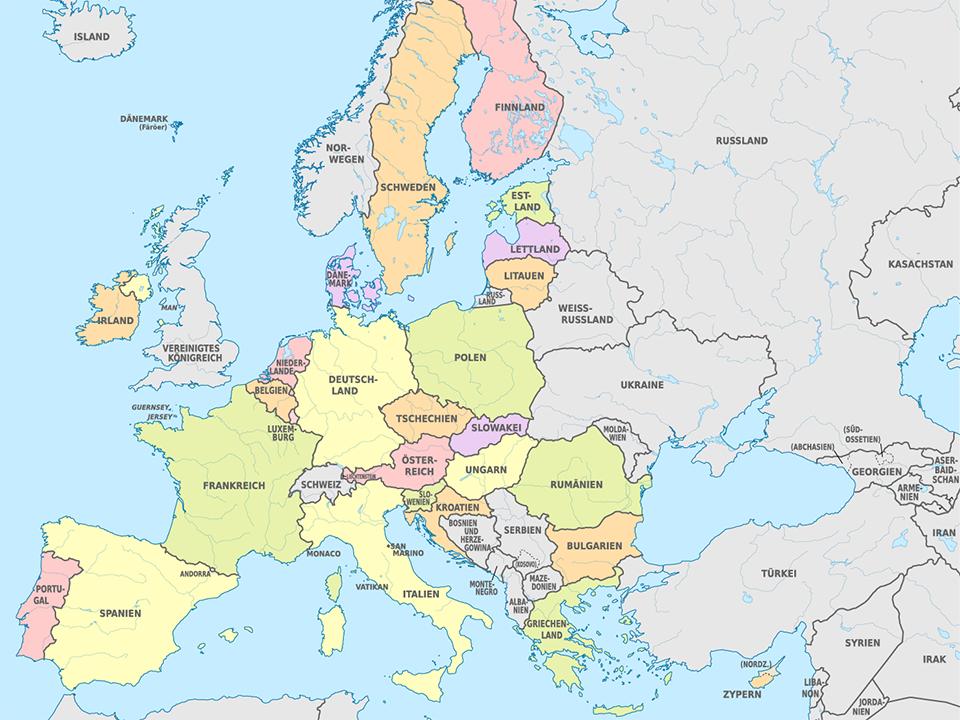 Eine Karte von Europa auf der alle EU-Mitgliedsstaten farblich hervorgehoben sind