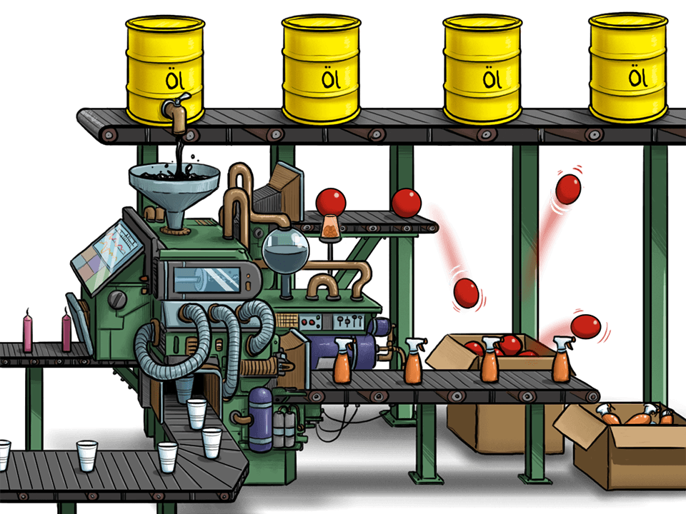 Eine lustige, witzige Comic-Zeichnung einer Maschien die Erdöl in verschiedene Produkte verwandelt