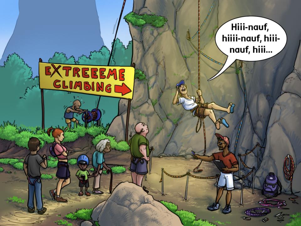 Eine karikaturistische Comic-Zeichnung von schlecht ausgerüsteten Touristen die sich auf einen Berg ziehen lassen, extreme Climbing