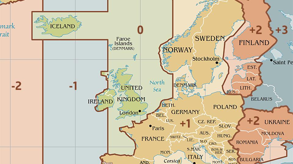 Die Zeitzonen in Europa anhand einer Landkarte dargestellt. Beginnend mit UTC-2 bis zu UTC+3