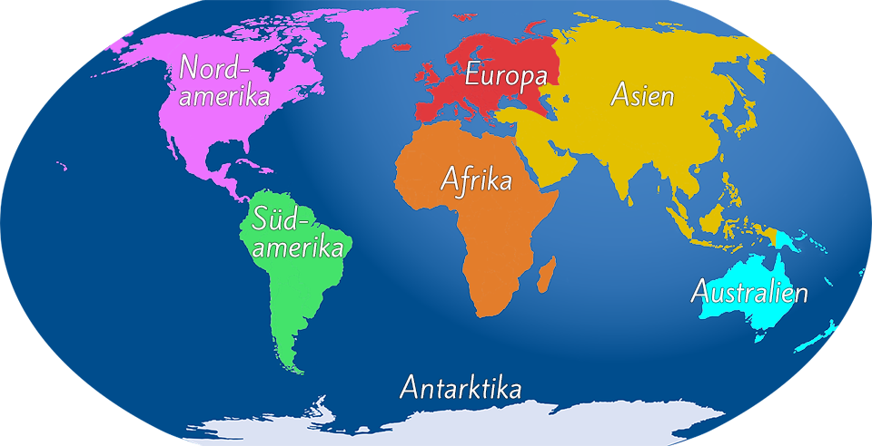 Eine versimpelte Form der Weltkarte, in der die sieben Kontinente der Erde in unterschiedlichen Farben abgebildet sind.