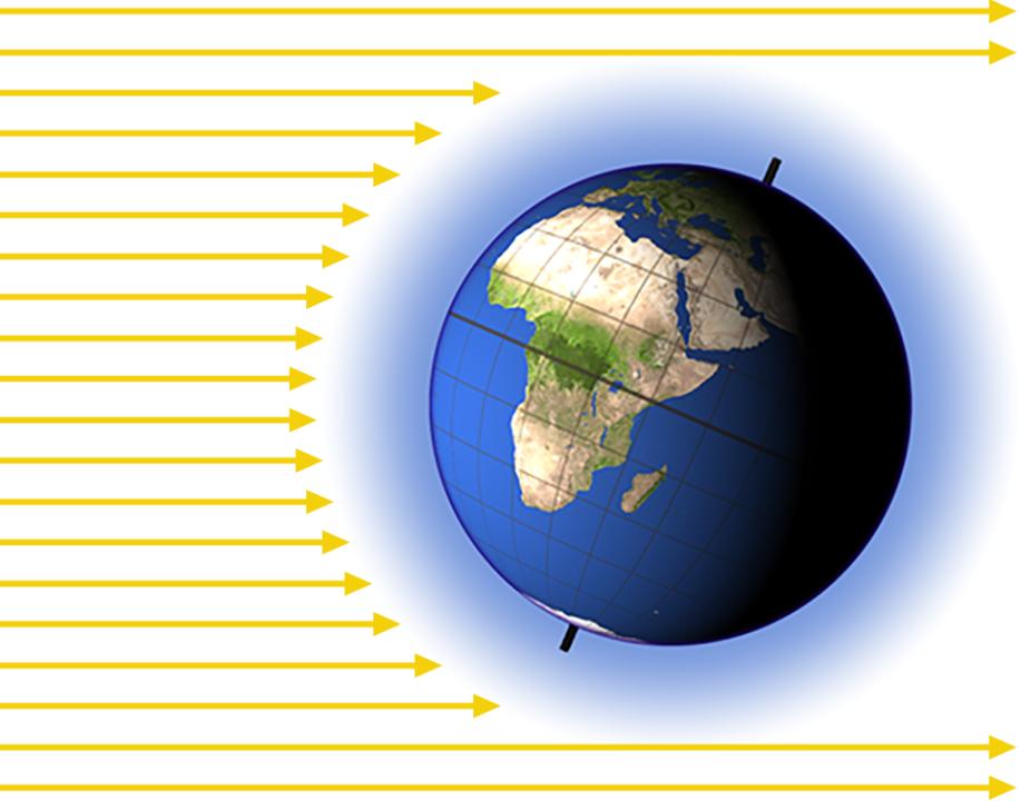 Grafische Darstellung der Erdkugel und von Sonnenstrahlen in Form von gelben Pfeilen, die nicht durch die Atmosphäre durchdringen.