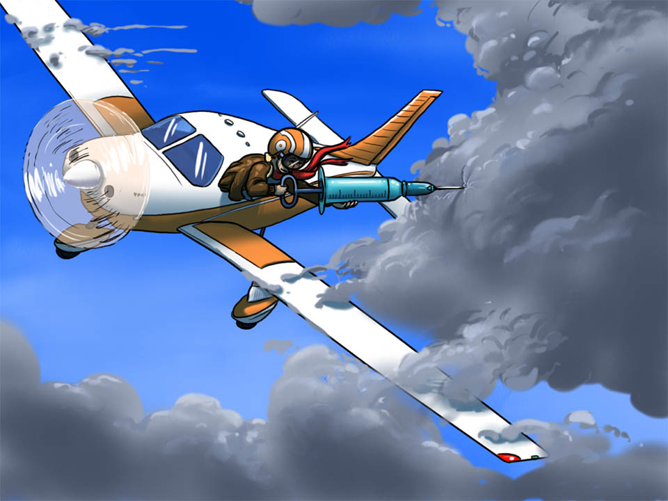 Eine Zeichnung eines Propellerflugzeugs aus dem der Pilot mit einer großen blauen Spritze eine graue Regenwolke impft