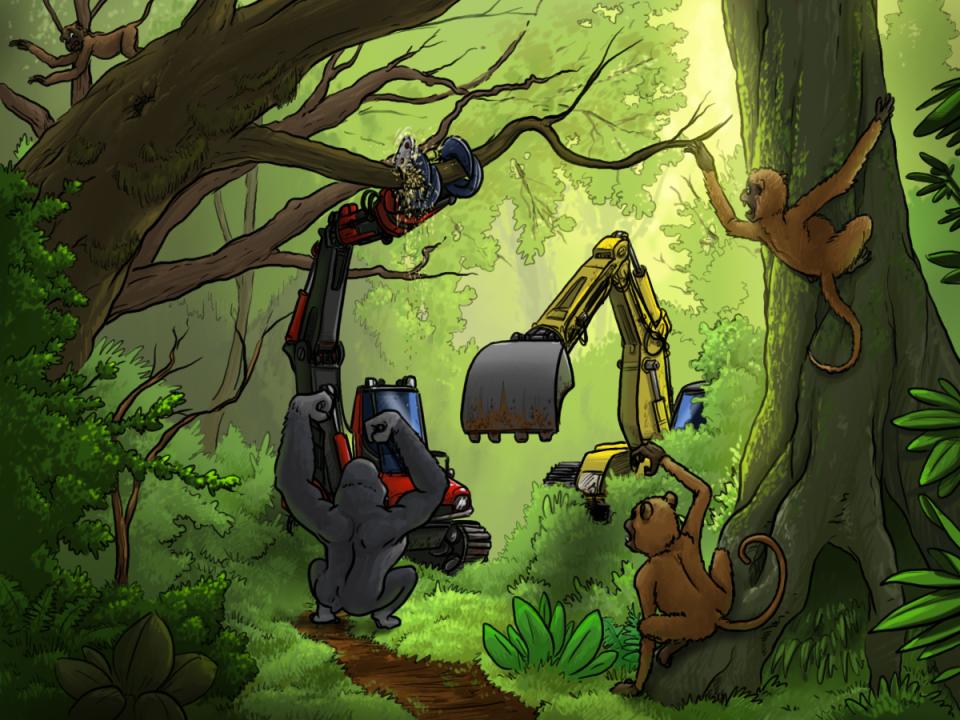 Comichafte Zeichnung eines Ausschnnittes im Regenwald, in dem sich Affen und ein Gorilla über einen anfahrenden Bagger aufregen.