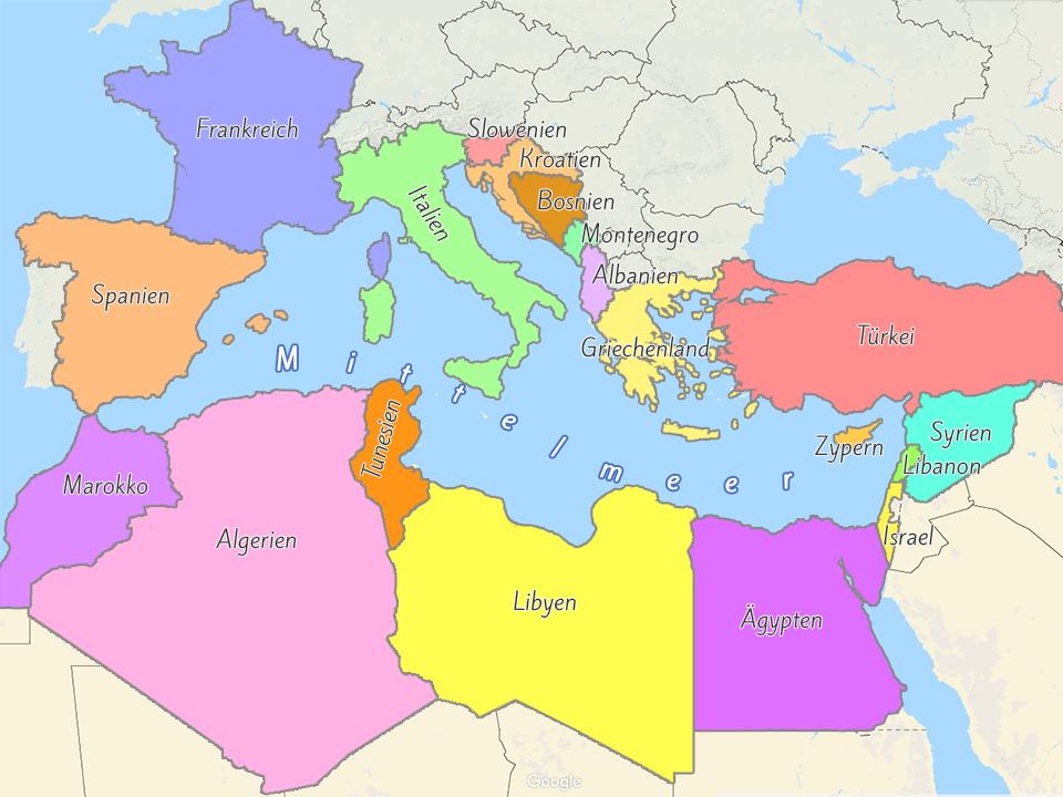 Eine Karte des Mittelmeerbereichs mit eingefärbten Ländern mit Zugang zum Mittelmeer