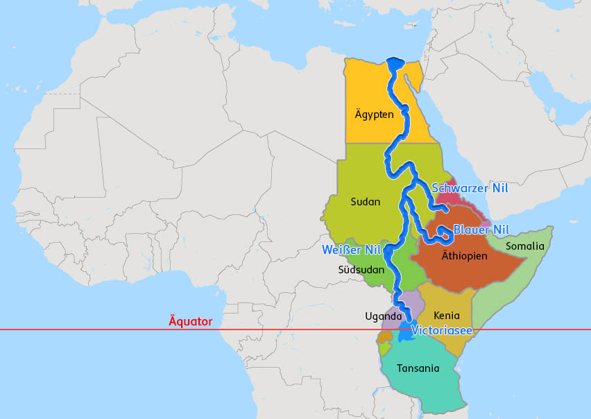 Eine schematische Zeichnung des Verlaufs des Nils durch Afrika, mit den entsprechenden Ländern bunt eingefärbt und dem Äquator in rot. 