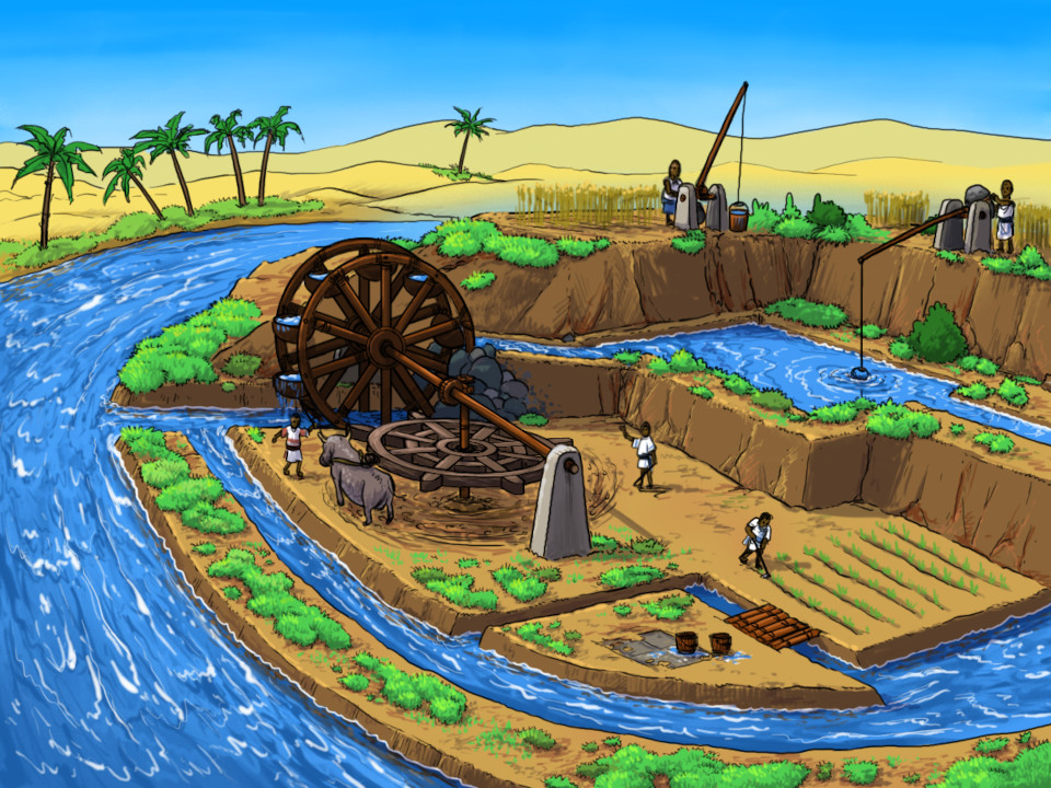 Grafische Darstellung der Wasserverteilung im alten Ägypten. Abgebildet sind Schöpfräder und Pumpen, als auch Menschen welche diese bedienen - im Hintergrund die Oase mit Palmen, welche in eine Wüste mit Sanddünen übergeht.
