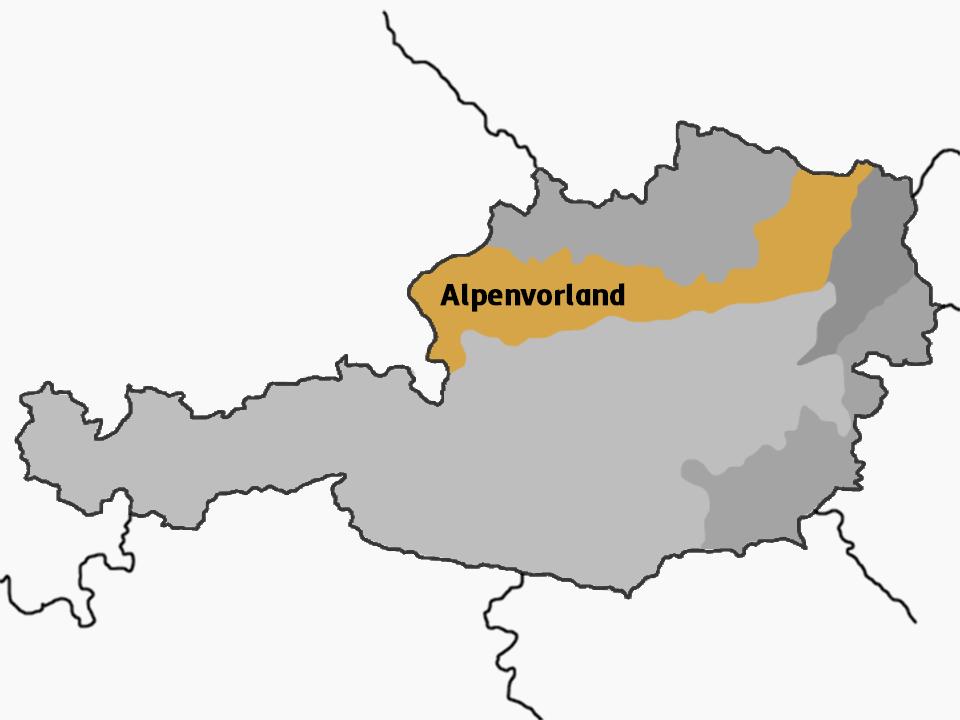 Das Alpenvorland orange gefärbt in eine schematische Österreichkarte eingezeichnet.