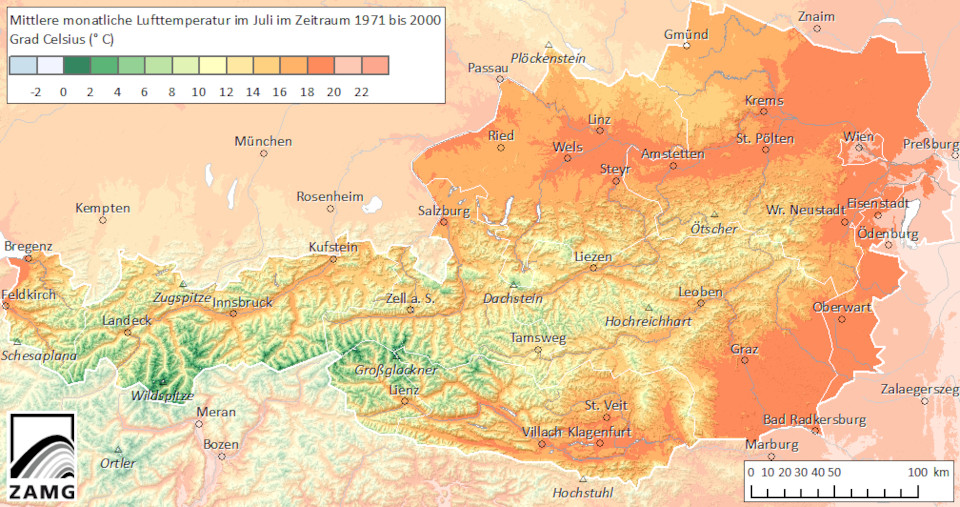 Darstellung der mittleren Temperatur in Österreichs, anhand einer nach Temperaturen eingefärbten Landkarte.