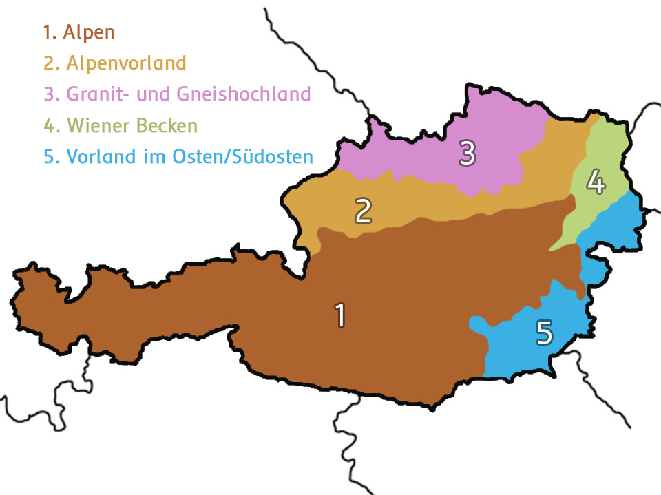 Eine schematische und bunte Darstellung der Großlandschaften in Österreich, durchnummeriert von eins bis fünf. 