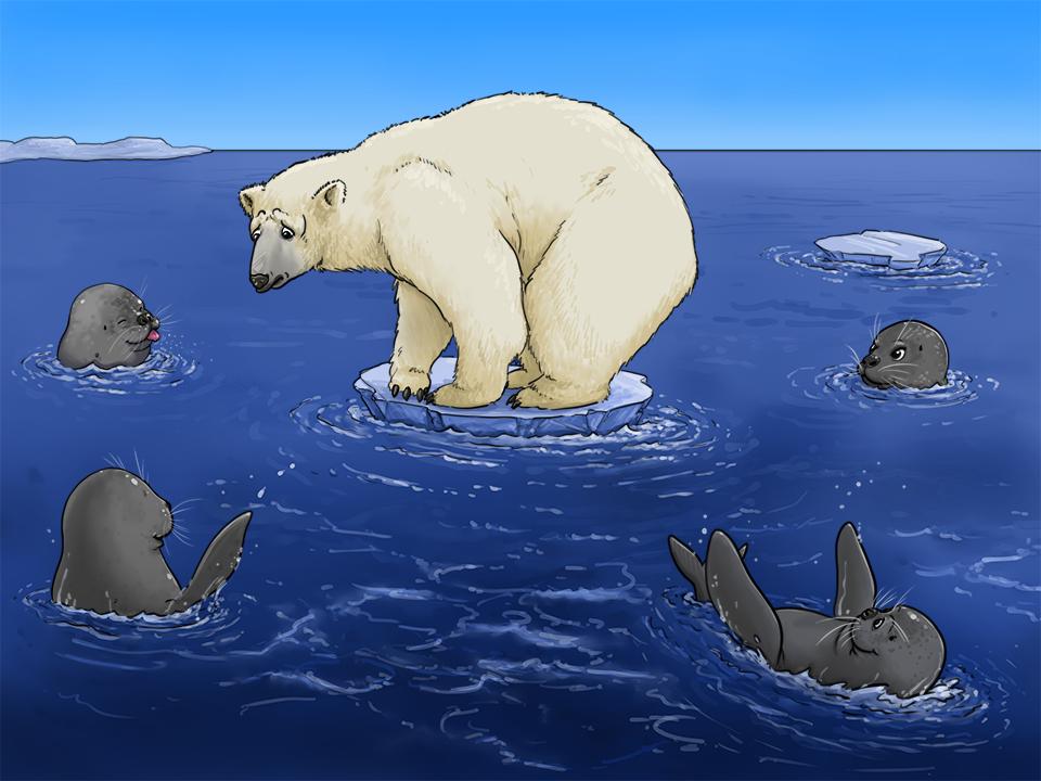 Gemaltes Bild von einem ausgewachsenen, traurigen Eisbären auf einer winzigen Eisscholle, welcher von vier im Wasser schwimmenden Robben verspottet wird.