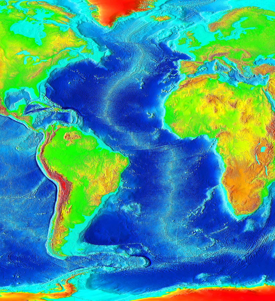 Bathymetrische Karte des Atlantik mit schematischer Darstellung des Mittelozeanischen Rückens