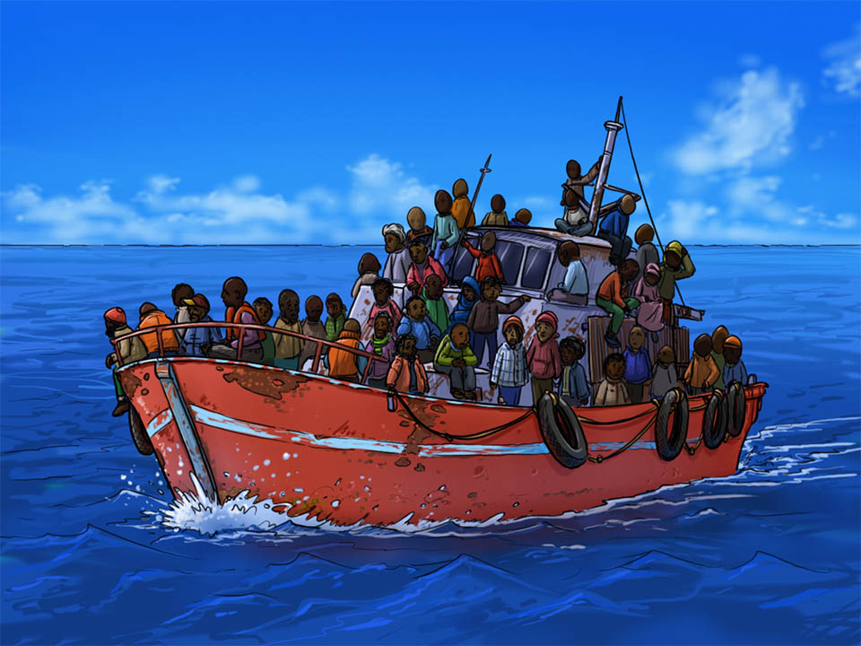 Eine Zeichnung eines mit Menschen überladenen roten Flüchtlingsbootes auf dem Meer bei Tag.