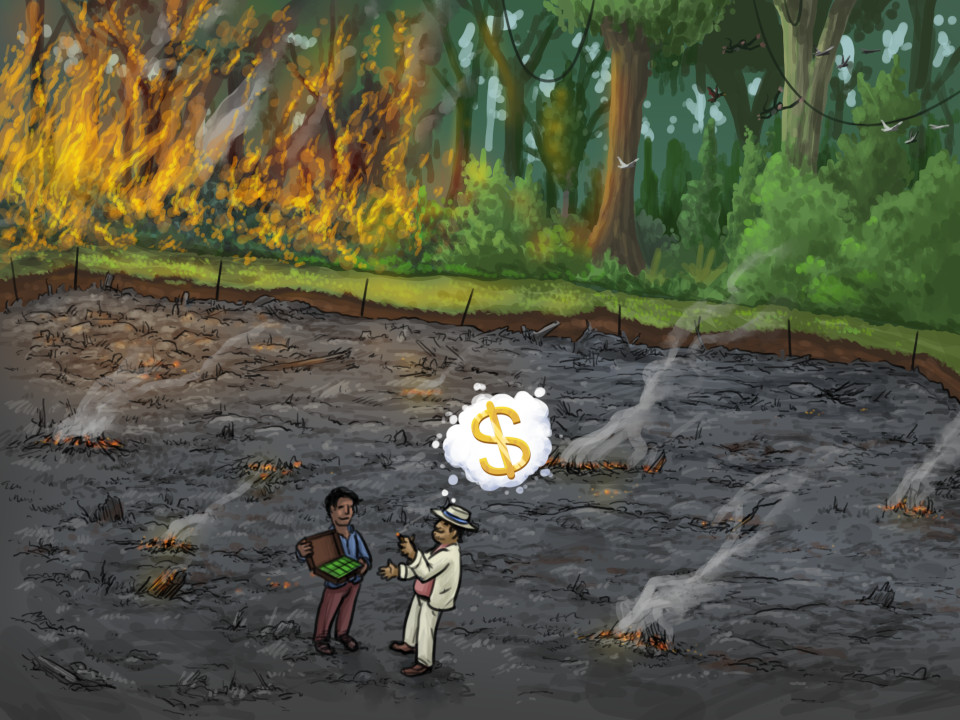 Eine Illustration, zwei Männer stehen auf einem durch Brand gerodeten Feld, einer übergibt dem anderen einen Koffer voll Geld, dem anderen schwebt eine Denkblase mit Dollarzeichen über dem Kopf. Im Hintergrund ziehen lodernde Feuer in den Wald hinein.